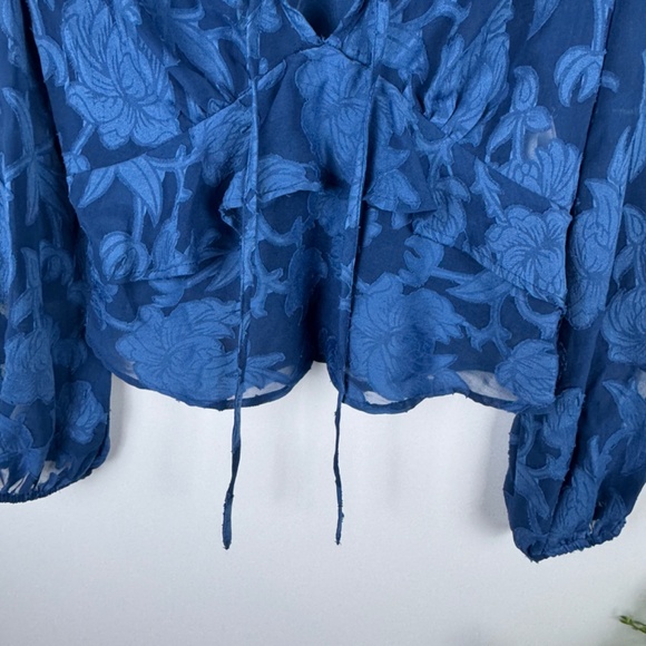 B-O-G COLLECTIVE Bright Blue Floral Semi Sheer Ruffles Top / Size Small - Picture 8 of 14